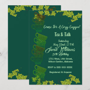 Invitation Cosy Cuppa Green Teacups Après-Midi Thé 50 Anniver