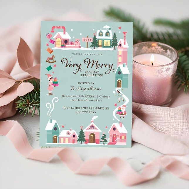 Invitation Cosy North Pôle Rose Elf Atelier Noël (Cozy North Pole Pink Elf Workshop Christmas Party Invitation)