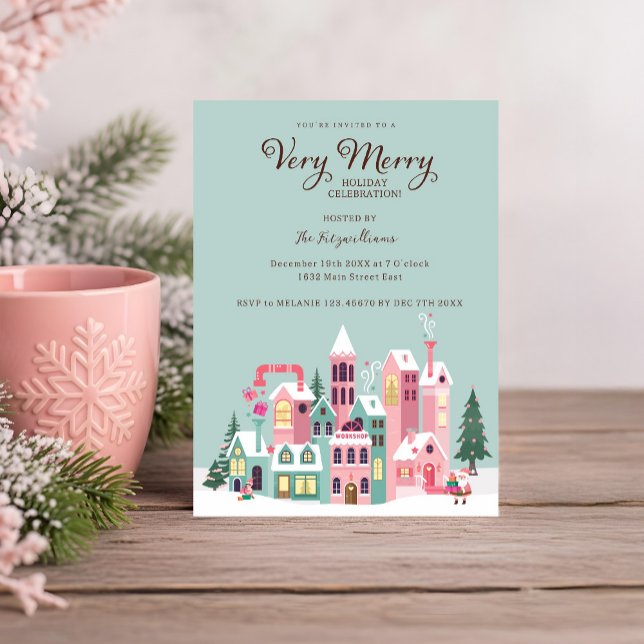 Invitation Cosy North Pôle Rose Elf Atelier Noël (Cozy North Pole Pink Elf Workshop Christmas Party Invitation)