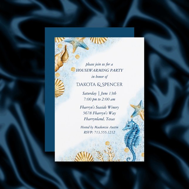 Invitation Côte Chic | Fête de Chauffage Maison Bleue et Or (Créateur téléchargé)