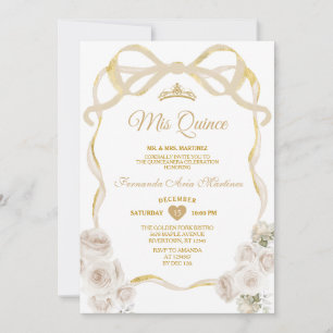 Invitation Côte d'Ivoire Blanc Floral Bow Ribbon Or Mis Quinc