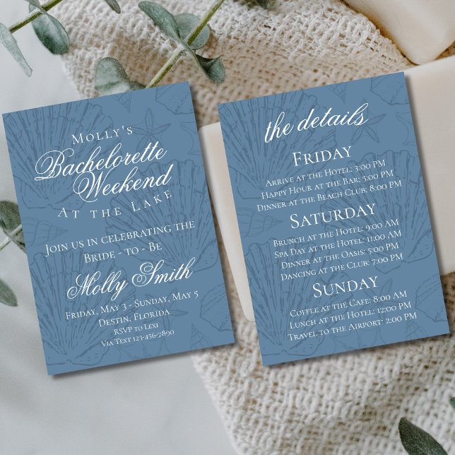 Invitation Côte Seashell Beach Bachelorette Itinéraire (Lake Bach Weekend invite with modern font – perfect for engagement or bridal celebrations!)