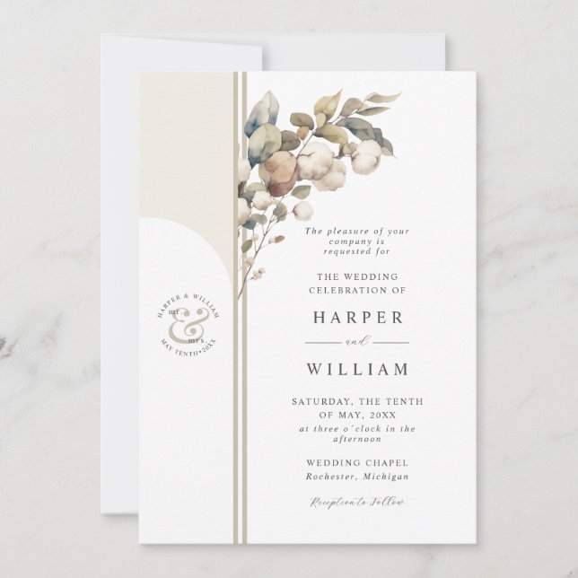 Invitation coton beige doux et mariage eucalyptus (Devant)