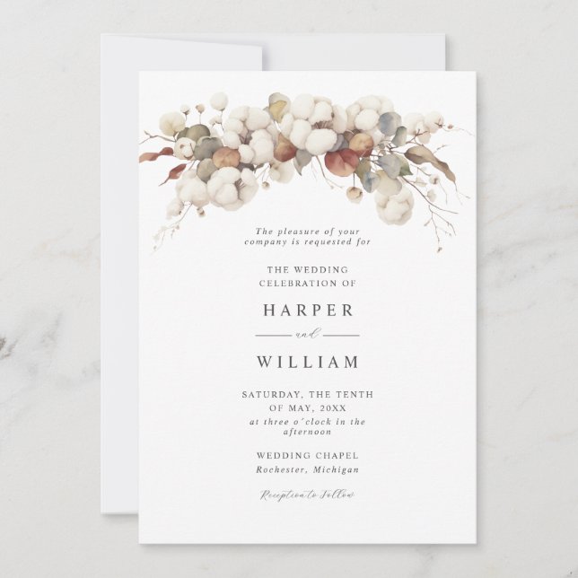 Invitation coton bohème rustique et mariage eucalyptus (Devant)