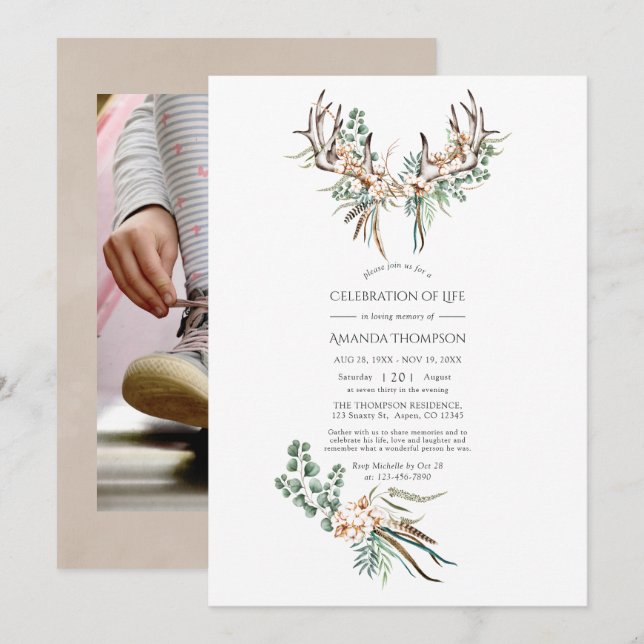 Invitation Coton boho et eucalyptus Célébration de la vie boh (Devant / Derrière)