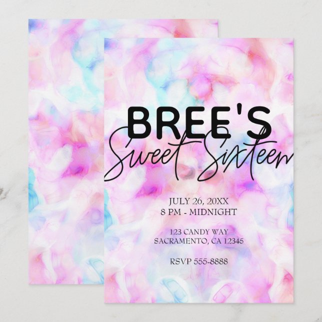 Invitation Coton Bonbons Couleurs Aquarelle Glam Sweet 16 Par (Devant / Derrière)