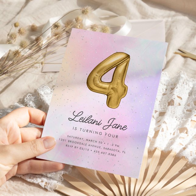 Invitation Coton Candy Watercolor Girls 4th Birthday Balloon (Créateur téléchargé)