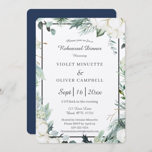 Invitation Coton d'eucalyptus | Dîner de répétition en feutre (Devant / Derrière)