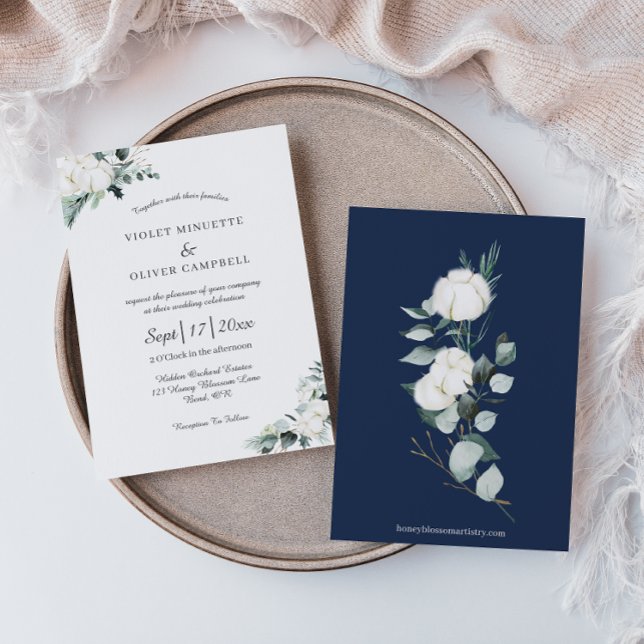 Invitation Coton d'Eucalyptus | Mariage moderne blanc (Créateur téléchargé)