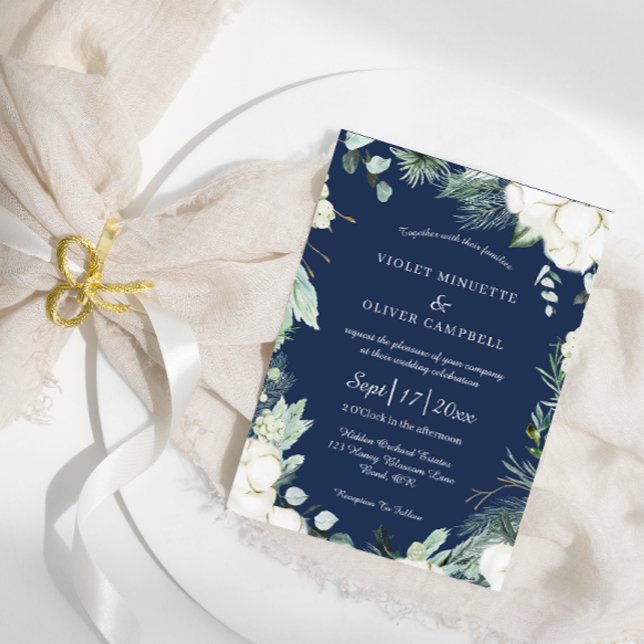 Invitation Coton d'Eucalyptus | Mariage moderne de la marine (Créateur téléchargé)