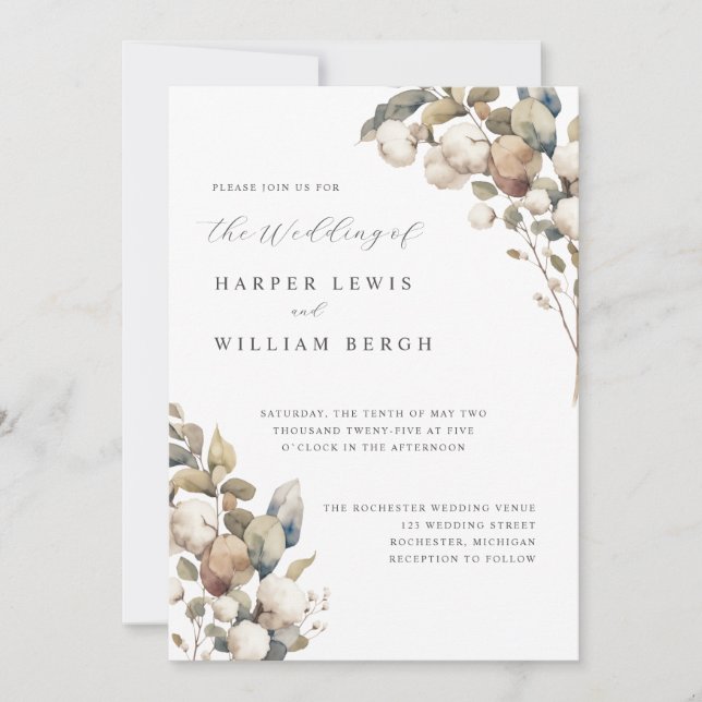 Invitation Coton doux et mariage d'Eucalyptus (Devant)