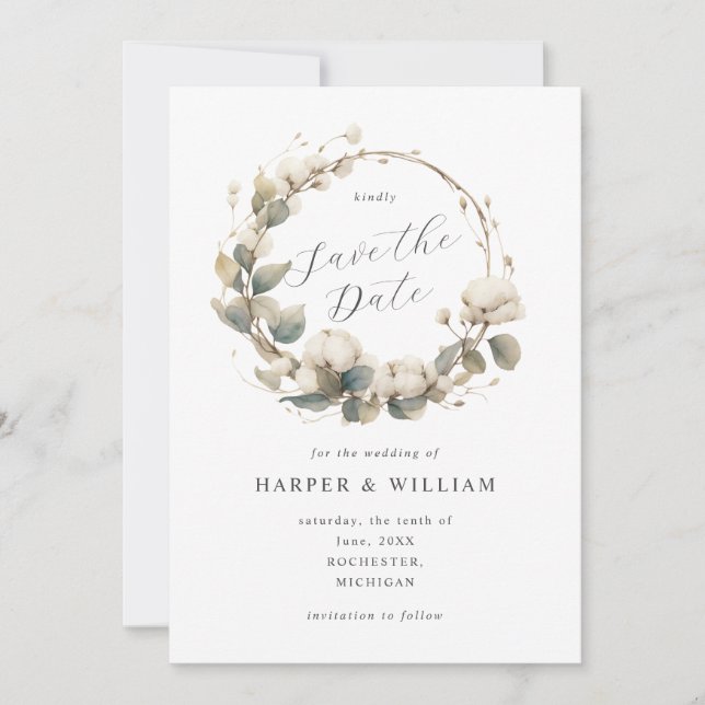 Invitation coton doux & eucalyptus boho wreath enregistrer la (Devant)
