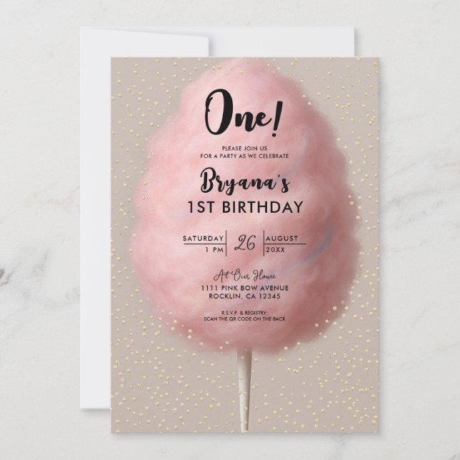 Invitation Coton rose Bonbon or Confetti 1er anniversaire (Devant)