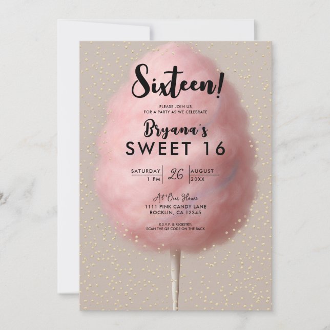 Invitation Coton rose Bonbon Or Confetti Sweet 16 Partie (Devant)