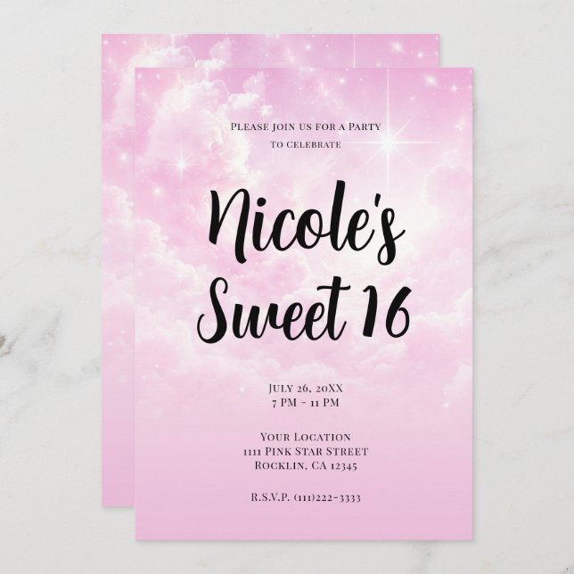 Invitation Coton rose bonbons Nuages Starry Sky Sweet 16 Part (Devant / Derrière)