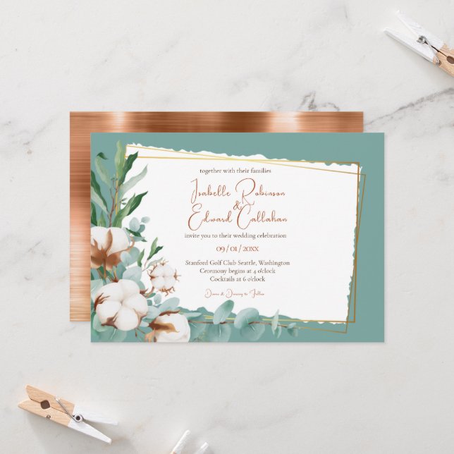 Invitation Coton-tiges de mariage sarcelle de feuille de cuiv (Devant/Arrière en situation)