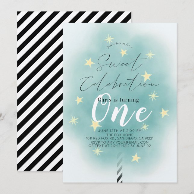 Invitation Coton turquoise Candy Sweet Boy 1er anniversaire (Devant / Derrière)