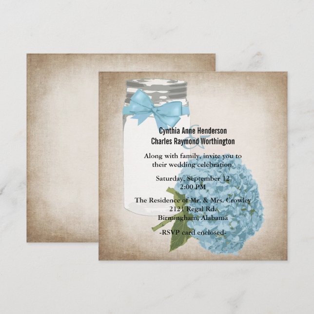 Invitation Cottage Chic Hydrangea et Mason Jar Mariage (Devant / Derrière)