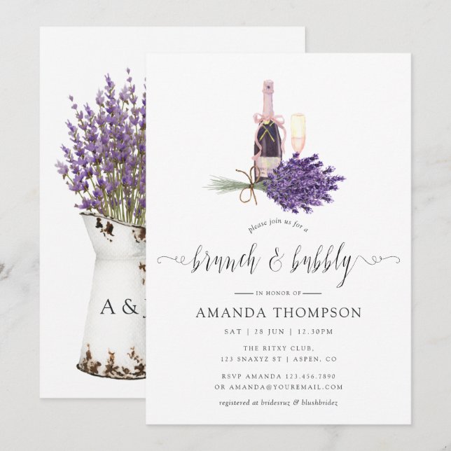 Invitation Cottage chic lavande aquarelle brunch et champagne (Devant / Derrière)