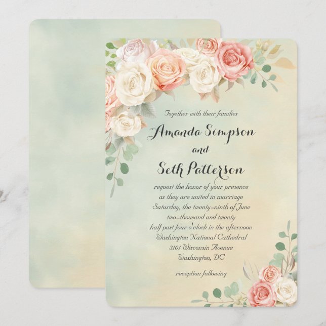 Invitation Cottage Chic Rose Vintage Mariage (Devant / Derrière)