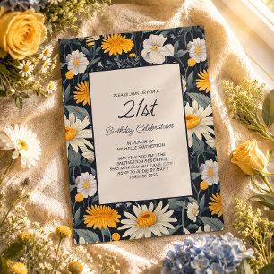 Invitation Cottagecore Bleu Nuit Blanc Jaune 21e Anniversair