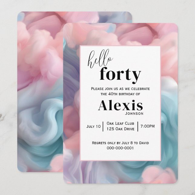 Invitation Cotton Candy Abstrait pour la fête du 40e annivers (Devant / Derrière)