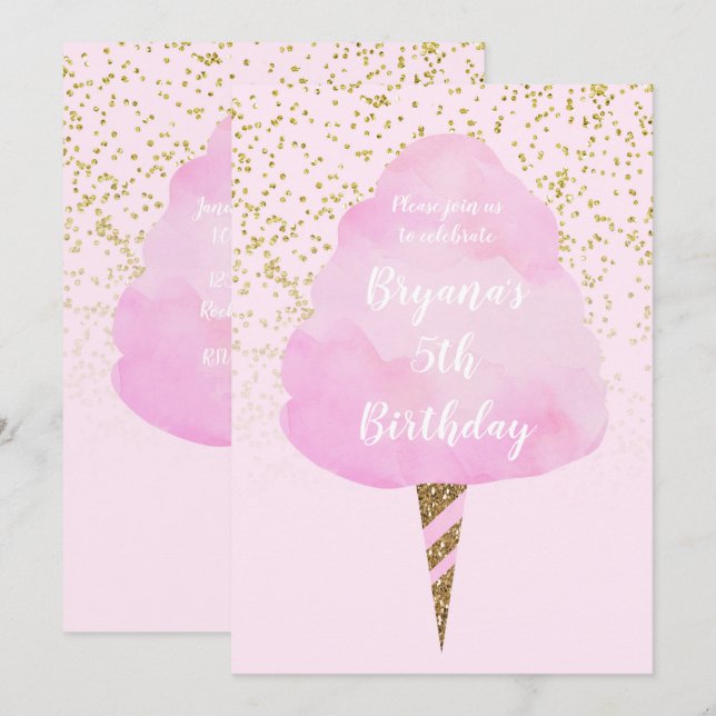 Invitation Cotton Candy Rose & Confettis Dorés Fête d'anniver (Devant / Derrière)