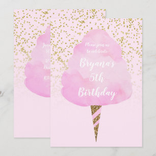 Invitation Cotton Candy Rose & Confettis Dorés Fête d'anniver