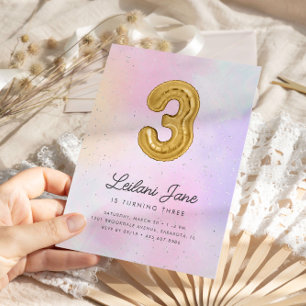 Invitation Cotton Candy Watercolor Girls 3e ballon d'annivers