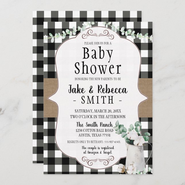 Invitation Cotton Farmhouse Baby shower noir blanc neutre (Devant / Derrière)