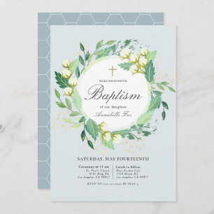 Invitation Cotton Garden Wreath Blush Baby Baptême bleu