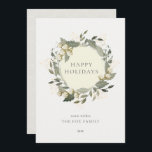 Invitation Cotton Garden Wreath Winter White Holiday Card<br><div class="desc">Cette élégante carte de vacances de Noël est ornée d'un arrière - plan blanc ivoire avec une couronne de fleurs de coton, de feuillages bleus verts / feuilles / verdure, et de faux baies d'or. A l'envers, un arrière - plan beige au champagne clair avec des motifs de peigne au...</div>