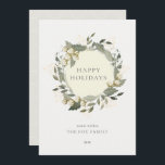 Invitation Cotton Garden Wreath Winter White Holiday Card<br><div class="desc">Cette élégante carte de vacances de Noël est ornée d'un arrière - plan blanc ivoire avec une couronne de fleurs de coton, de feuillages bleus verts / feuilles / verdure, et de faux baies d'or. A l'envers, un arrière - plan beige au champagne clair avec des motifs de peigne au...</div>