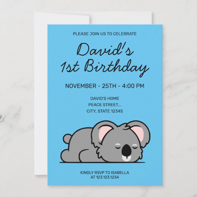 Invitation Couchage amusant Koala 1er anniversaire (Devant)