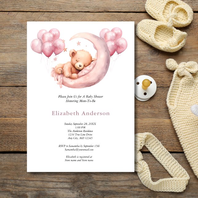 Invitation Couchage d'ours rose dans le Baby shower des ballo (Pink Baby Bear Sleeping in Moon Baby Shower for Girl Invitation)