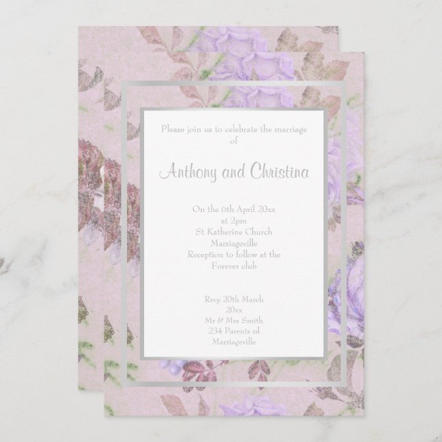 INVITATION COUCHE LILAC ROSE VIOLET FLEUR ÉLÉGANTE MARIAGE (Devant / Derrière)