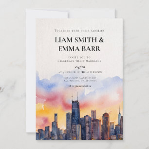 Invitation Coucher de soleil aquarelle mariage sur la skyline
