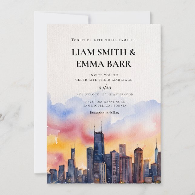 Invitation Coucher de soleil aquarelle mariage sur la skyline (Devant)