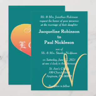 Invitation Coucher de soleil Cœur Sarcelle Vert Or Monogramme