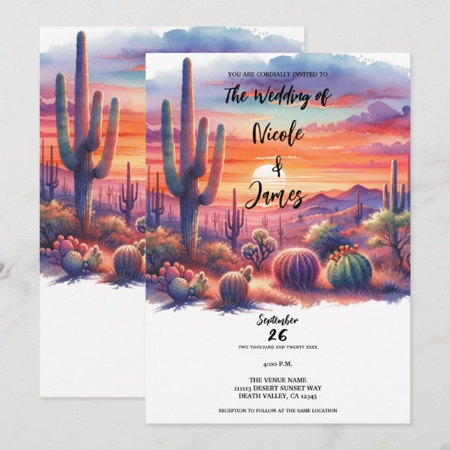 Invitation Coucher de soleil dans le désert Aquarelle Mariage (Devant / Derrière)