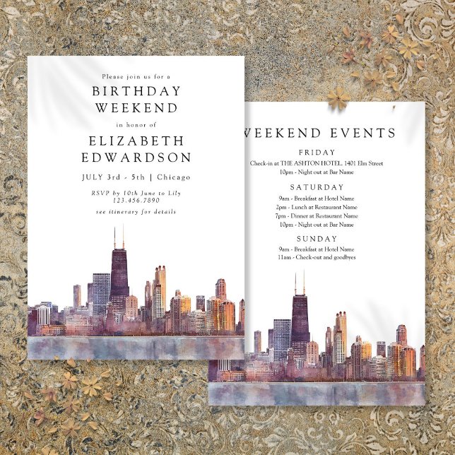 Invitation Coucher de soleil sur Chicago à l'aquarelle pour u (Chicago Skyline Watercolor Birthday Weekend Invitation)