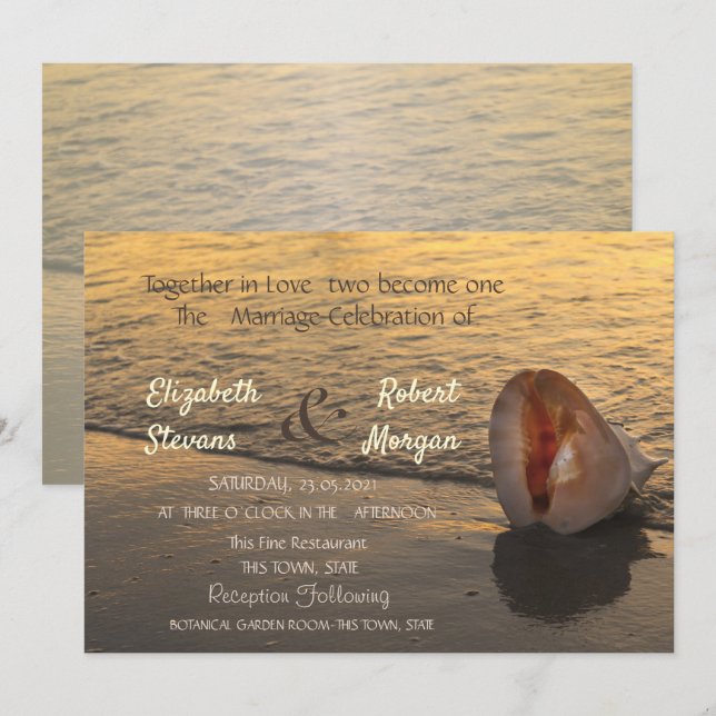 Invitation Coucher de soleil sur la plage Coquillages Mariage (Devant / Derrière)