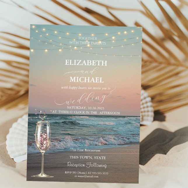 Invitation Coucher de soleil sur la plage, mariage avec verre (Créateur téléchargé)