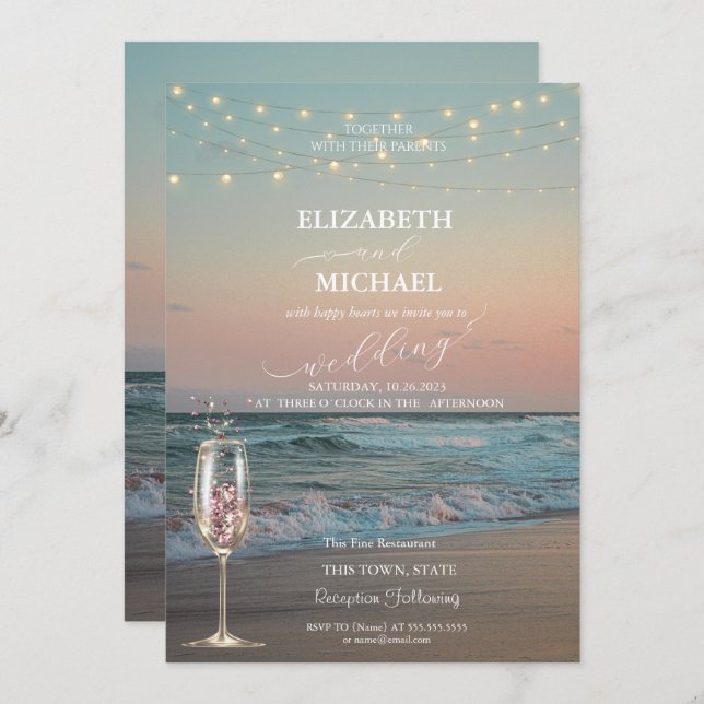 Invitation Coucher de soleil sur la plage, Mariage de script  (Devant / Derrière)