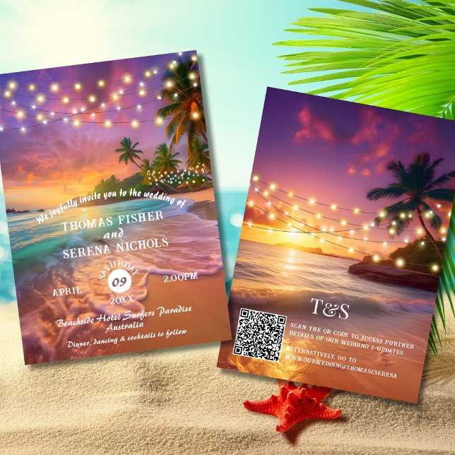 Invitation Coucher de soleil tropical QR Code Mariage plage (Créateur téléchargé)