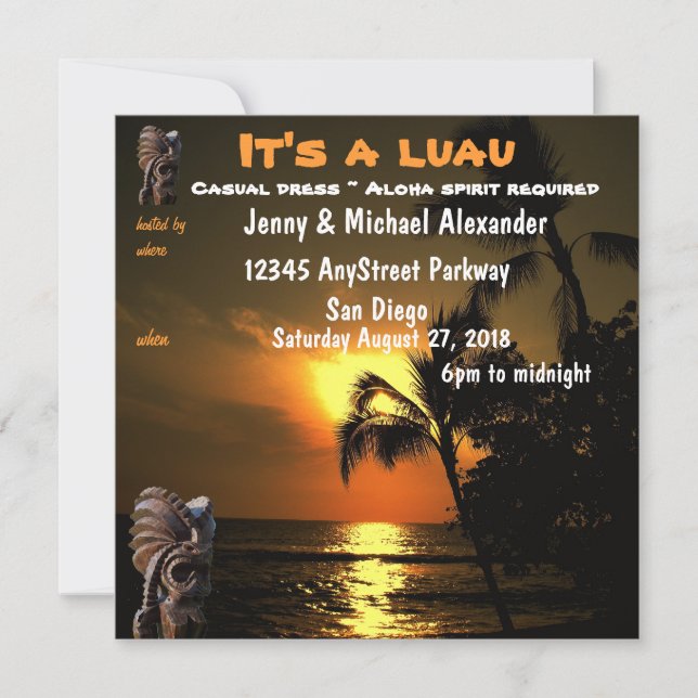 Invitation Coucher du soleil Luau hawaïen Tiki d'océan (Devant)
