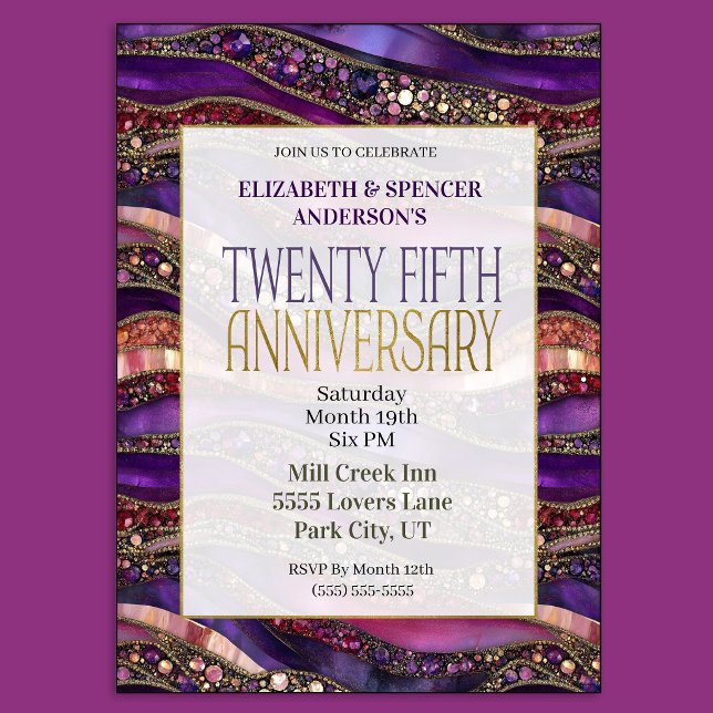 Invitation Couches de Bijoux Violets 25e Anniversaire de Mari (Purple and Gold Jeweled Strata 25th Wedding Anniversary Party Invitation)