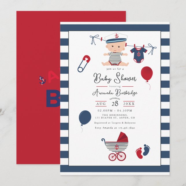 Invitation Coucou c'est un garçon ! Baby Shower nautique (Devant / Derrière)