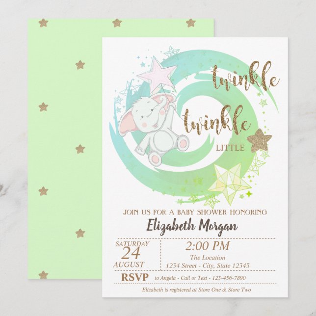 Invitation Coucou Petite Étoile, Ourson Vert Baby Shower (Devant / Derrière)