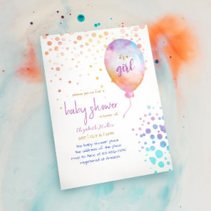 Invitation Couleur arc-en-ciel Aquarelle Balloon Baby Girl Do